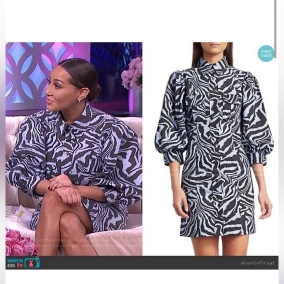 Ganni Dresses & Skirts - Ganni Blue Black Zebra Animal Print Puff Sleeve Mini Dress Size Small